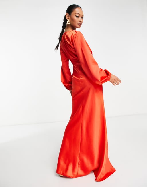 Ei8th Hour satin extreme plunge front maxi dress with slit hem detail in  rust orange