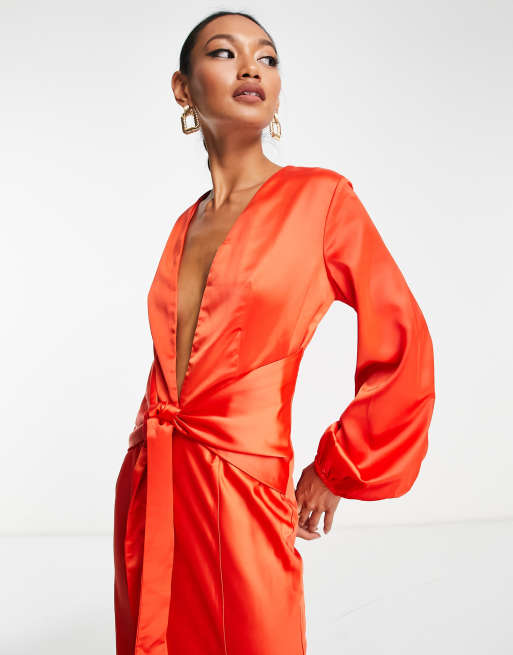 Ei8th Hour satin extreme plunge front maxi dress with slit hem detail in  rust orange