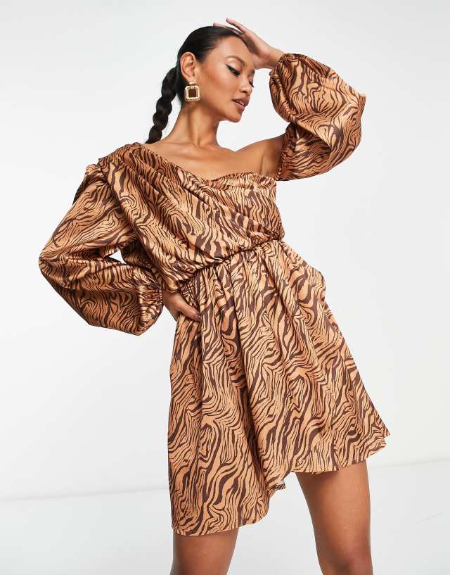 Ei8th Hour satin ruched mini dress in chocolate zebra print