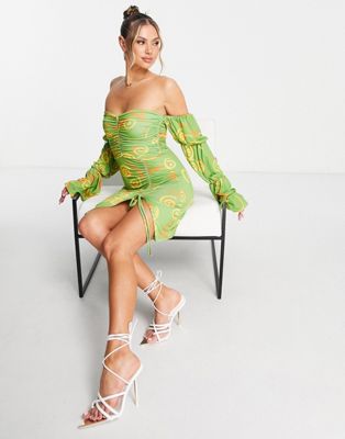 slinky bardot dress in abstract green print-Multi