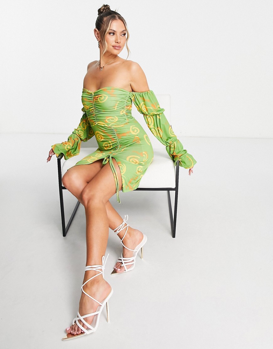 Ei8th Hour Slinky Bardot Dress In Abstract Green Print-multi