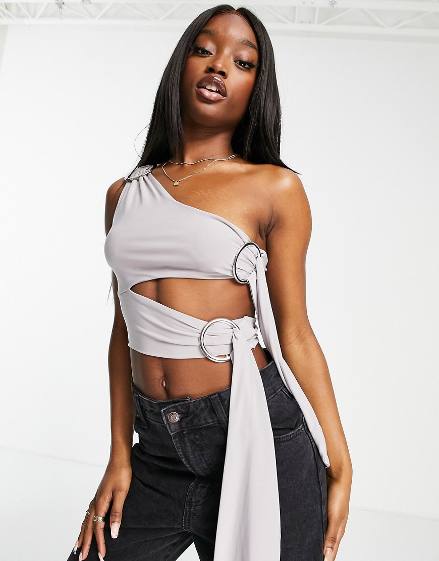 Ei8th Hour slinky one shoulder crop top in gray - part of a set-Brown