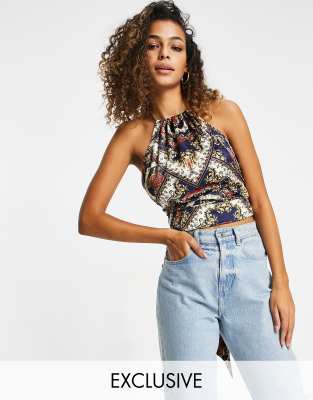 Ei8th Hour tie back satin crop top in multi scarf print