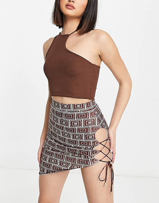 Women Ei8th Hour tie side mini skirt co ord in brown tile print 