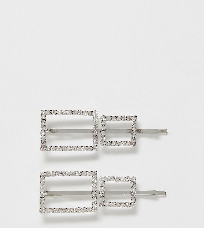 Eksklusive, firkantede hårspænder med rhinsten i pakke fra True Decadence-Sølv