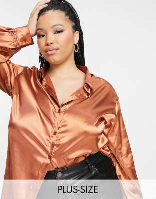 Эксклюзивная атласная oversized-рубашка красно-бурого цвета In The Style Plus-Оранжевый цвет