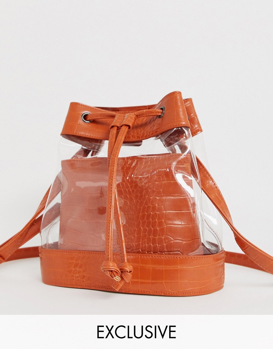 фото Эксклюзивная прозрачная сумка-мешок со вставками с эффектом крокодиловой кожи и шнурком my accessories london-мульти