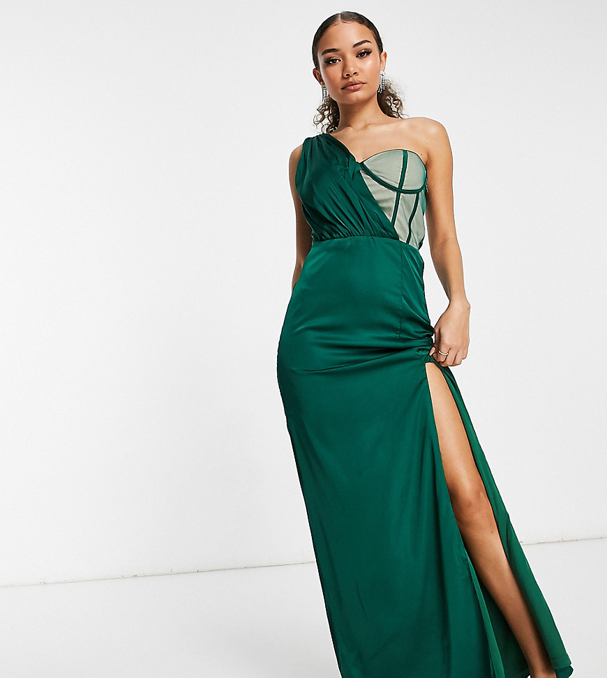Эксклюзивное изумрудно-зеленое атласное платье макси на одно плечо с корсетной вставкой Jaded Rose-Зеленый