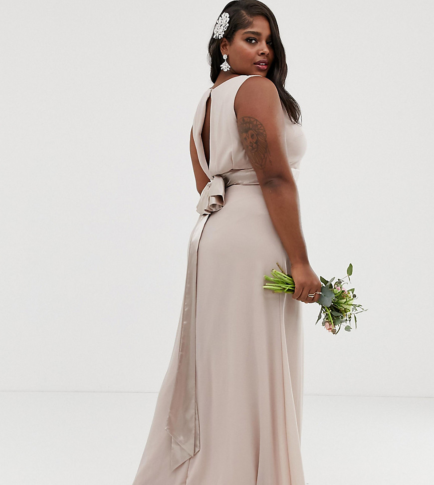 фото Эксклюзивное платье макси цвета норки для подружки невесты с сатиновым бантом сзади tfnc plus-розовый