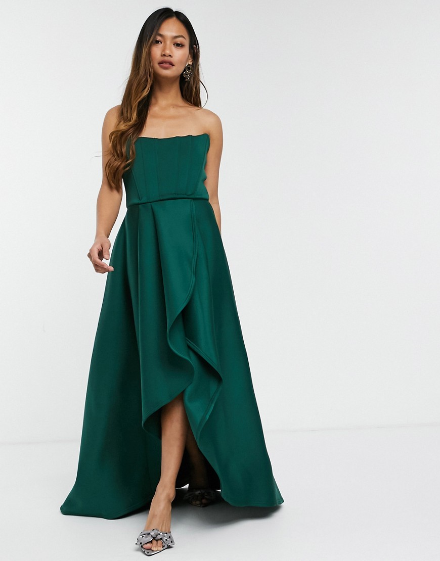 Эксклюзивное платье миди для выпускного вечера с ассиметричным подолом и корсетом цвета лесной зелени True Violet-Зеленый