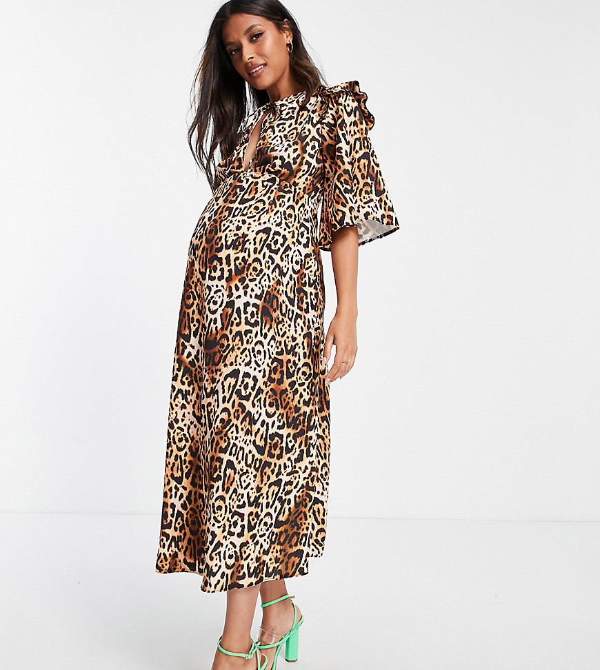 Эксклюзивное платье миди с оборками, завязкой на шее и леопардовым принтом -Разноцветный Queen Bee 102945119
