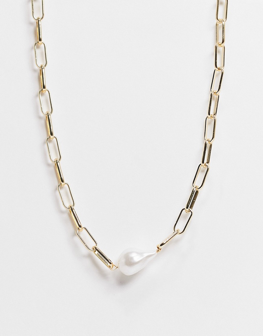 фото Эксклюзивное золотистое ожерелье-цепочка с искусственной жемчужиной designb london curve-золотистый