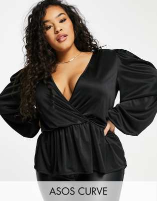 фото Эксклюзивный черный топ с длинными рукавами, запахом и баской asos design curve asos curve