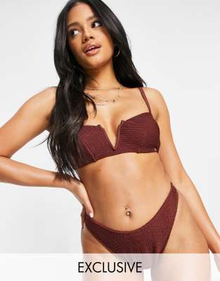 Выбирай и комбинируй  Asos Эксклюзивный комбинируемый бикини-топ коричневого цвета из жатой ткани с глубоким V-образным вырезом Free Society-Коричневый цвет