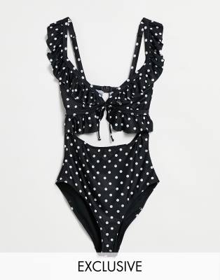   Asos Эксклюзивный слитный купальник из коллекции Fuller Bust с принтом в горошек, оборками и разрезом Peek & Beau-Многоцветный