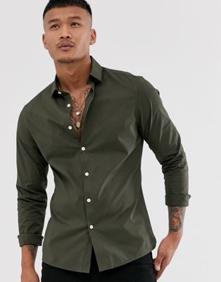 фото Эластичная приталенная рубашка цвета хаки asos design-зеленый