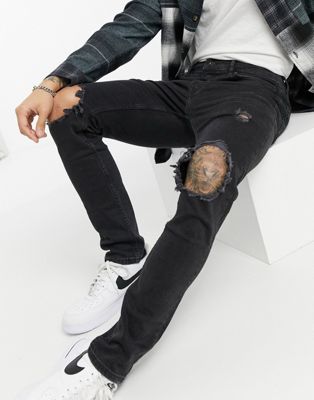 фото Эластичные зауженные джинсы черного выбеленного цвета из органического хлопка со рваной отделкой topman-черный цвет