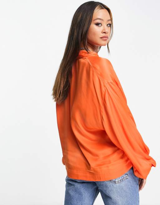 Elegant skjorte med lomme i orange satin, 4 af 4