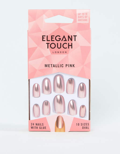 Elegant Touch – Mandelformade lösnaglar i rosa metallic
