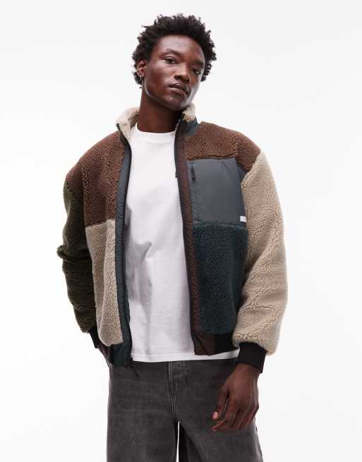 Element Oak patchwork sherpa zip through fleece in brown and cream