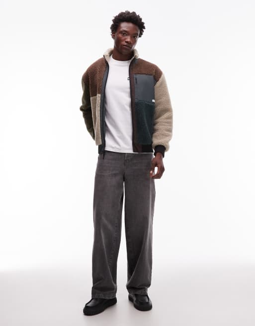 Element oak patchwork sherpa zip through fleece in brown, cream, 2 of 5