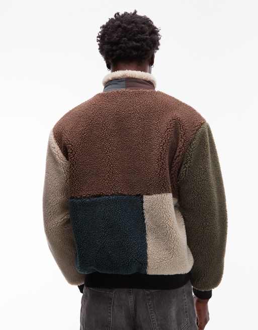 Element oak patchwork sherpa zip through fleece in brown, cream, 3 of 5