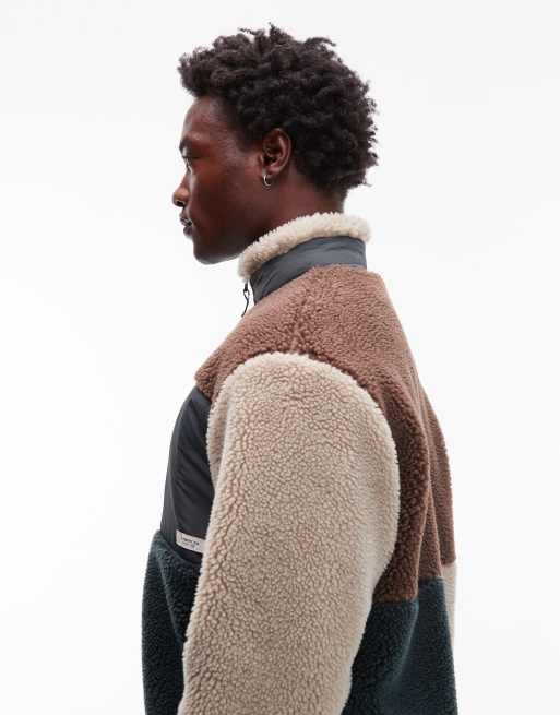 Element oak patchwork sherpa zip through fleece in brown, cream, 4 of 5