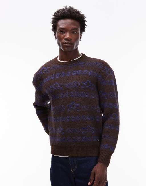 Element shoreton logo striped knit sweater in dark blue