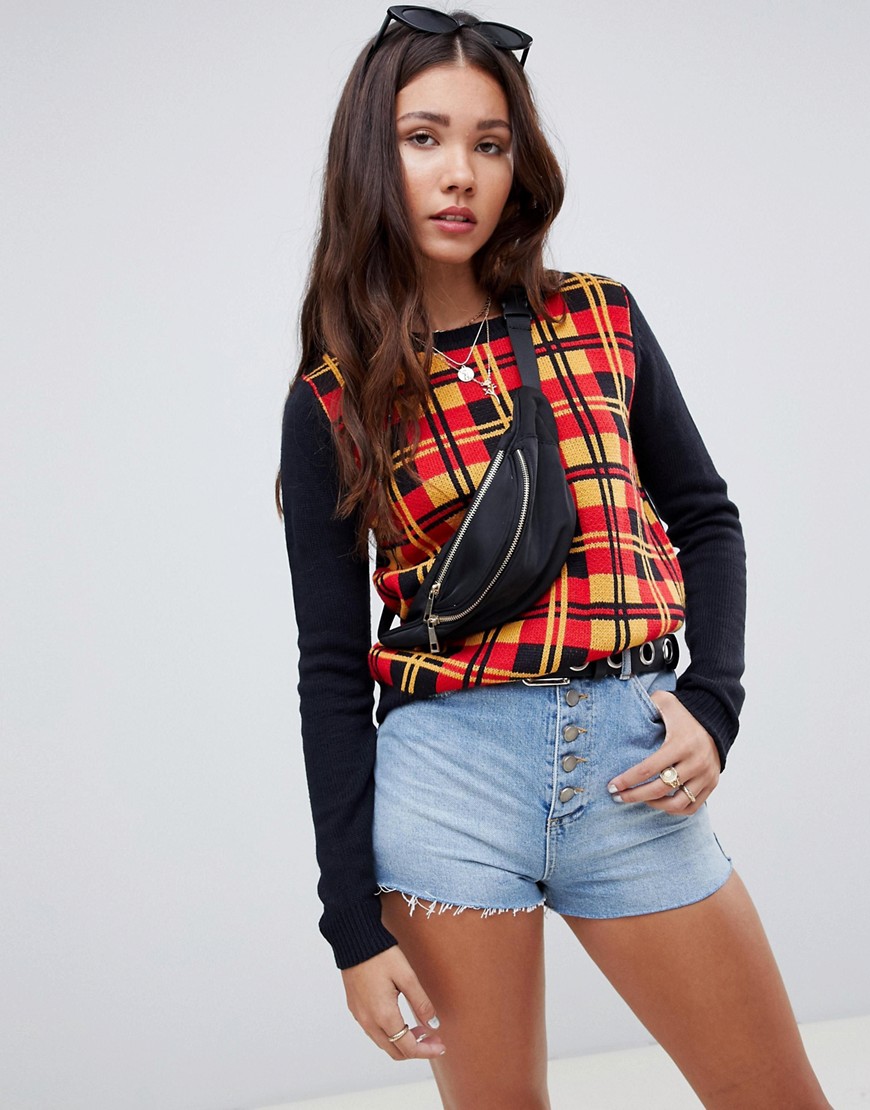 E.L.K fitted jumper with check front and contrast sleevs-Multi