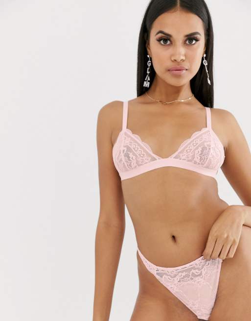 ASOS DESIGN – Ella – babylyserød trekantet BH og g-streng med blonder, 2 af 3