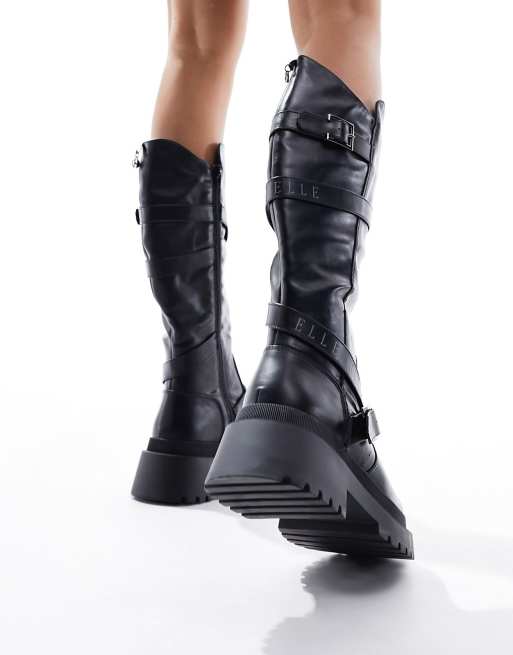 Elle buckle detail biker boots in black