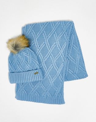 Elle cable knitted beanie and scarf gift set in blue
