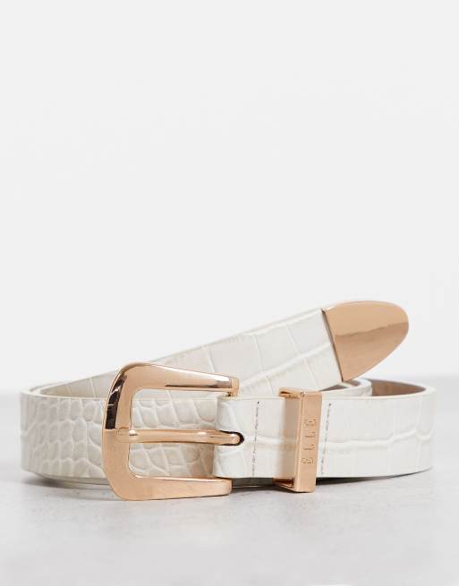 Elle - Ceinture effet croco à passant et logo - Crème