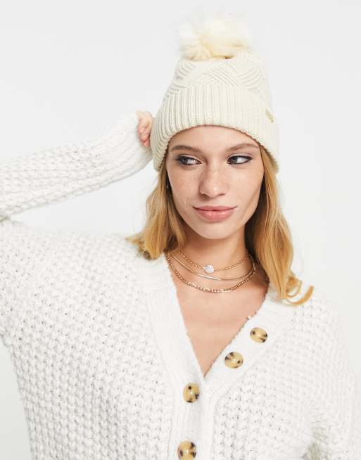 Elle – Diamond – Prążkowana kremowa czapka beanie z futrzanym pomponem