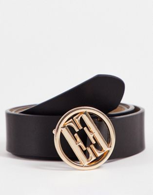 ELLE logo circle buckle belt in black | ASOS