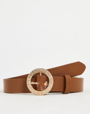 ELLE logo circle buckle belt in tan