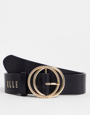 Elle logo double circle buckle belt in black