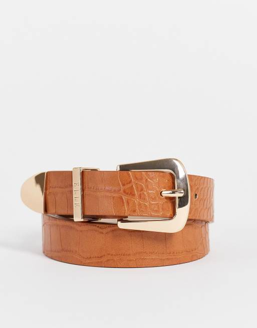 Elle logo keeper croc print belt in tan