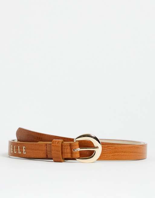 Elle logo thin moc croc belt in tan
