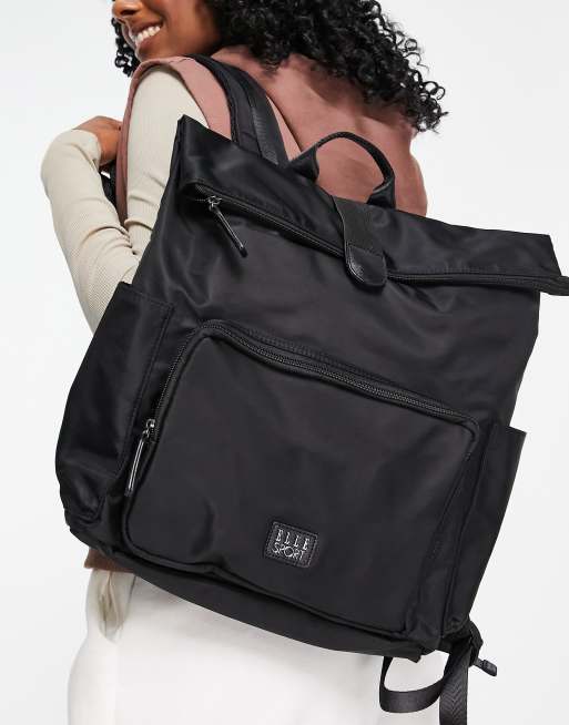 Elle Sport - Roll-top nylon tote-rugzak in zwart