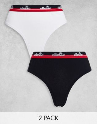 Ellesse 2 pack logo mesh panel thongs with contrast trim in black and white