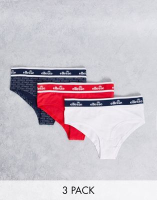 Ellesse 3 pack briefs with plain and allover print in navy white red