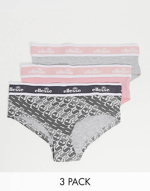 Ellesse 3 pack briefs with plain and allover print in pink and grey