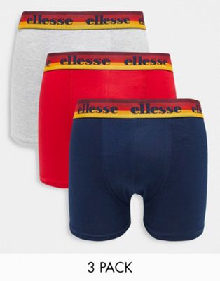 Ellesse 3 pack logo waistband boxers in red grey and navy