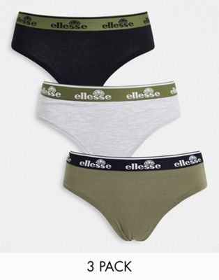 Ellesse 3 pack logo waistband high leg briefs in khaki black and grey