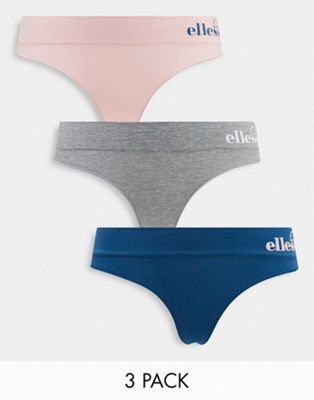 Ellesse 3 pack seamfree rib thongs in navy pink grey