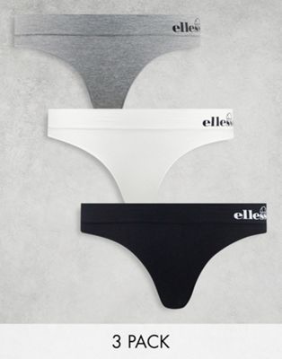 Ellesse 3 pack seamfree ribbed thongs in black, grey and white