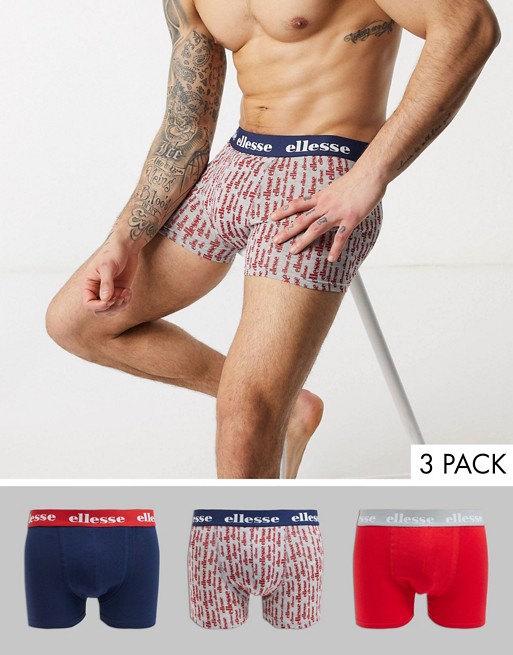 Ellesse 3 pack trunks in navy red and grey