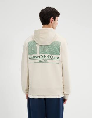 ellesse Club di corsa long sleeve graphic hoodie in off white