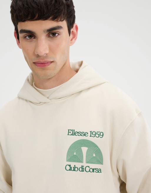 ellesse Club di corsa long sleeve graphic hoodie in off white, 3 of 4
